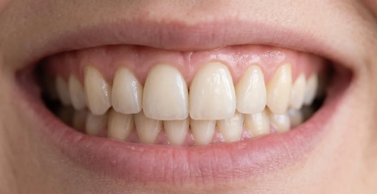Gros plan d'un sourire adulte montrant des incisives et canines avec une restauration implantaire parfaitement intégrée à la dentition naturelle, dans une lumière douce sur fond neutre
